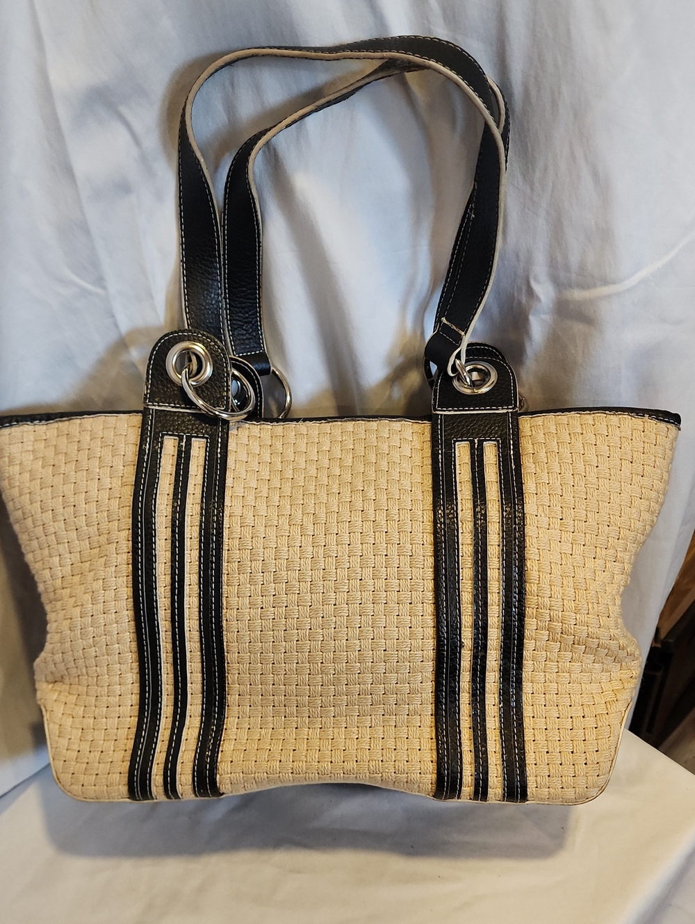 Maxx New York Woven Straw Tote Bag with Black Trim And Lots Of Pockets